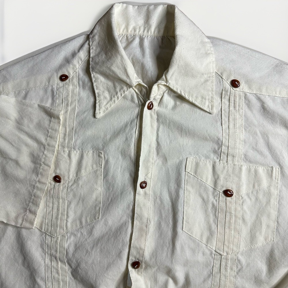 Vintage Guayabera Shirt Mens Large Ivory Coffee Bean Button Cuban Wedding Linen?